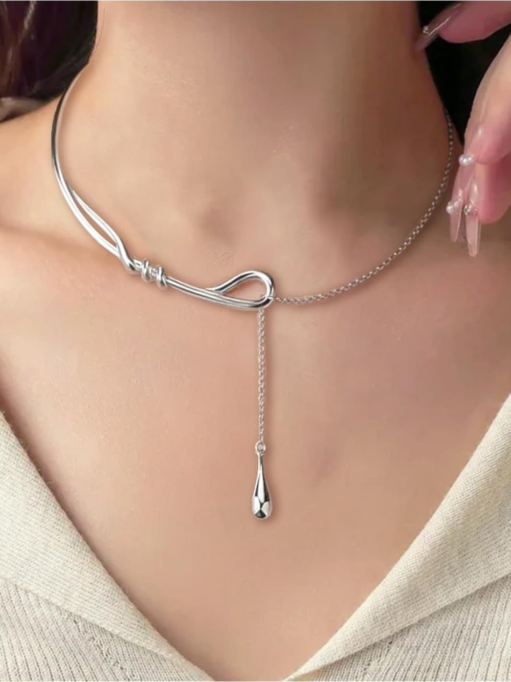 Modern Silver Tone Knot Drop Choker Necklace Minimalist